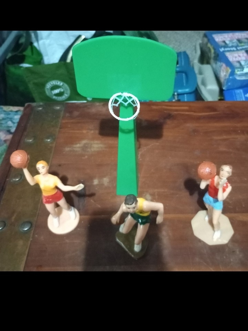 Vintage Tabletop Basketball Game Cake Toppers with Green Hoop and Player Figu